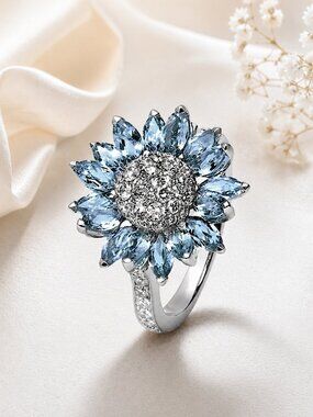 Sunflower Statement Ring Blue CZ Crystal Petals Silver Tone Size 8 NWT